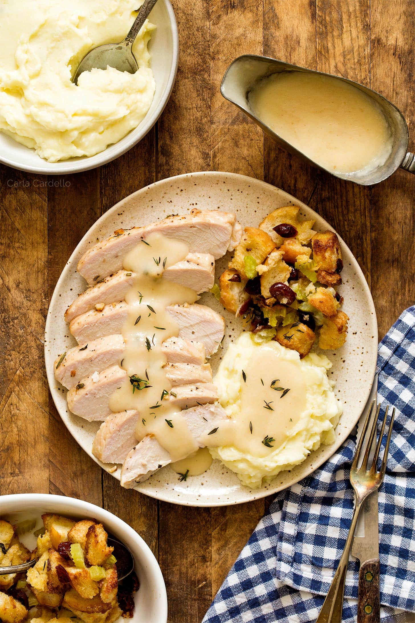 Turkey Tenderloin recipe with mashed potatoes, gravy, and stuffing