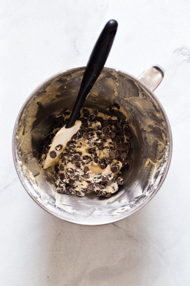 Stirring in chocolate chips for chocolate chip cheeseball