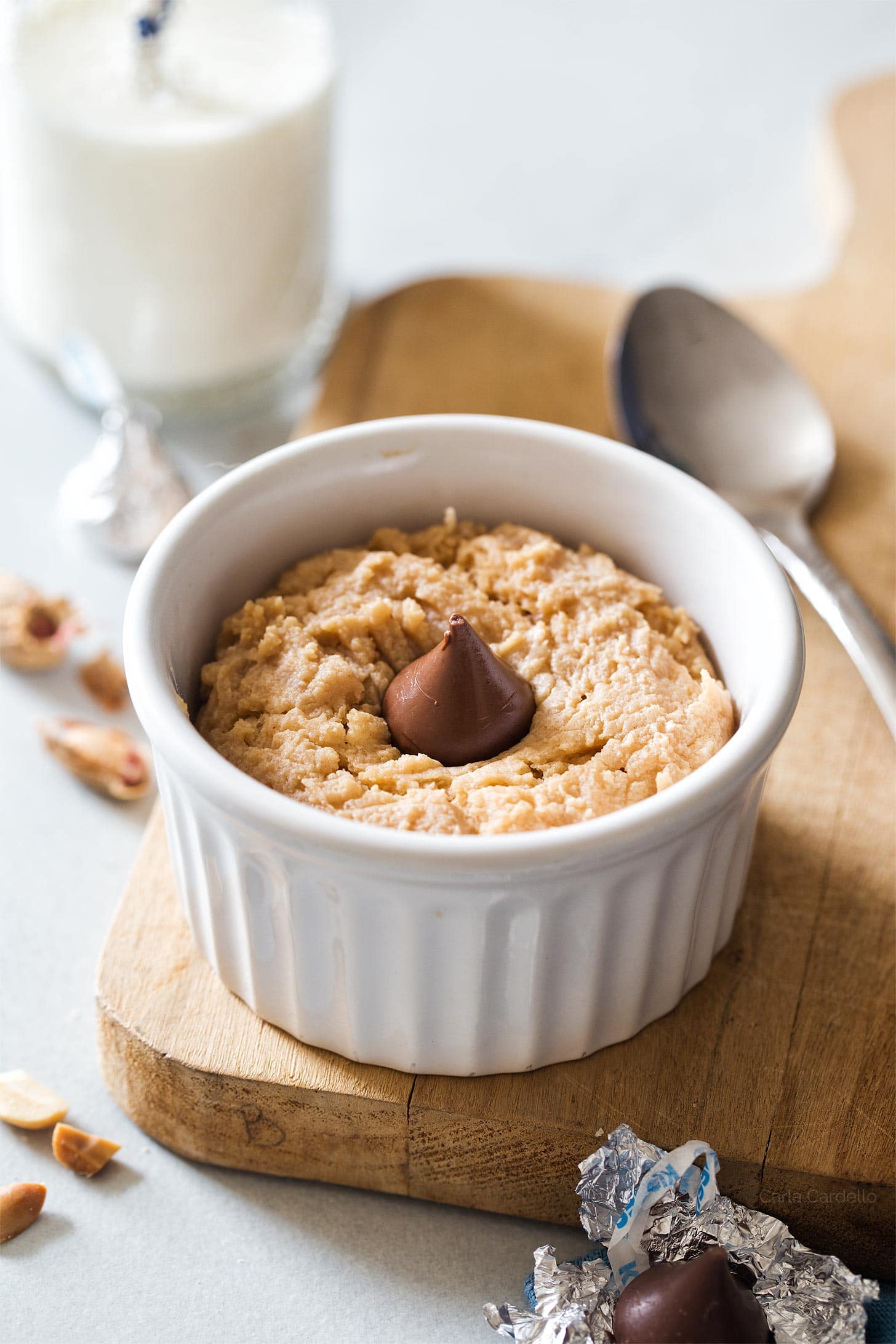 Peanut butter cookie in a mug with Hershey's kiss