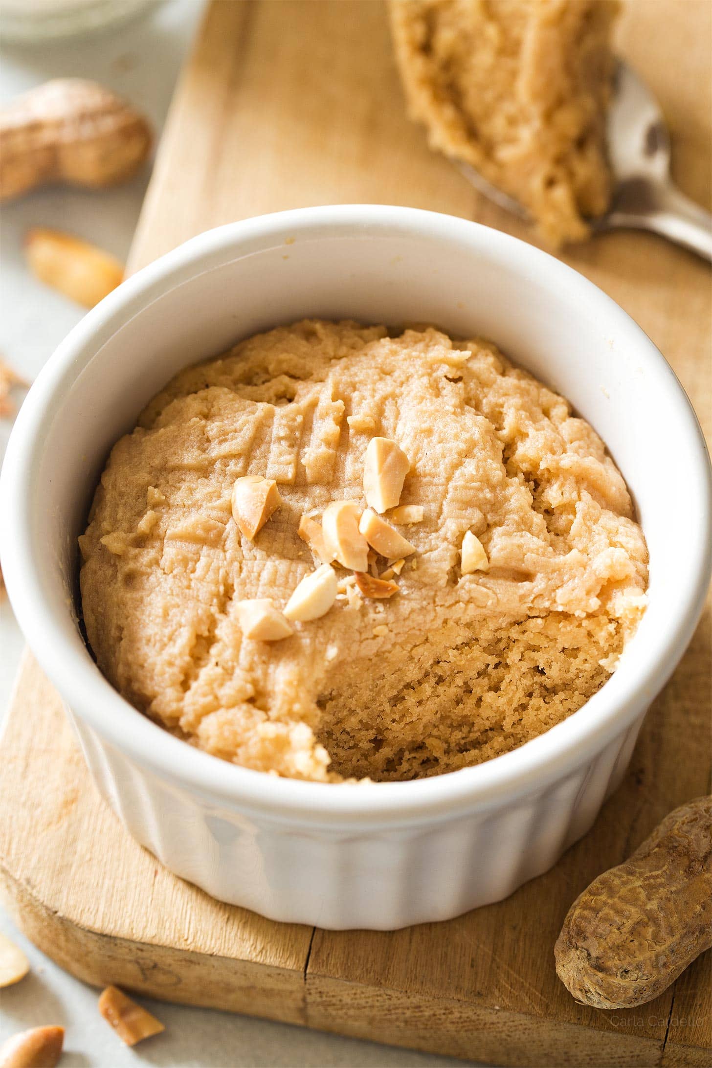 Close up of microwave peanut butter cookie in ramekin