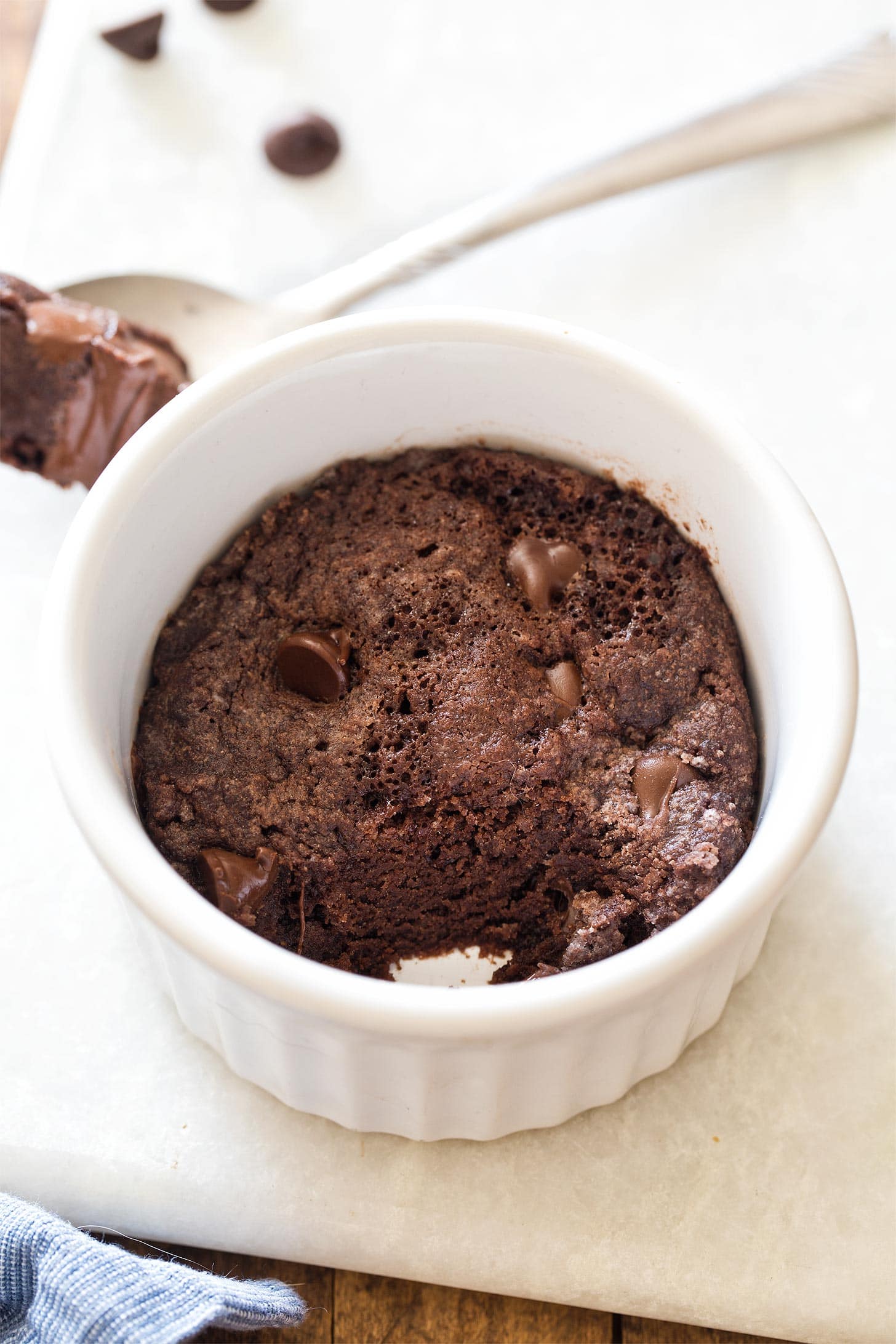 Microwave Brownie in ramekin with bite taken out