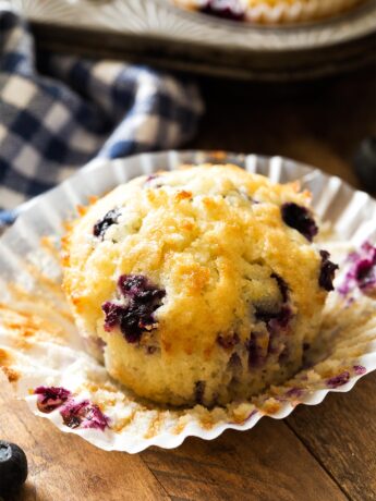Close up of unwrapped blueberry muffin