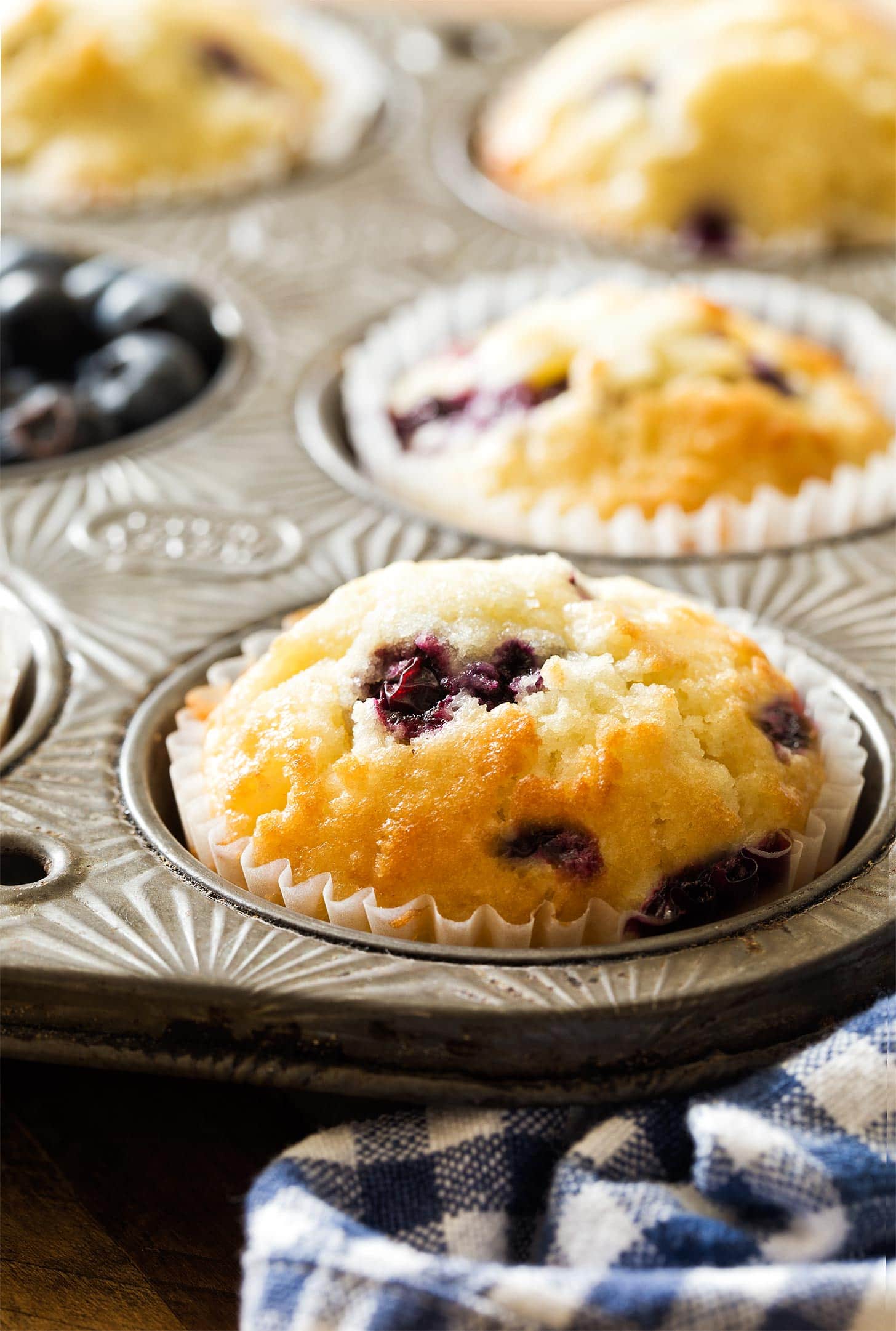 Close up of blueberry muffins in pan