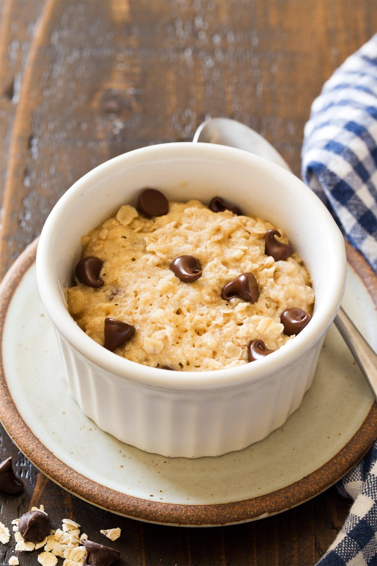 Microwave oatmeal cookie in white ramekin