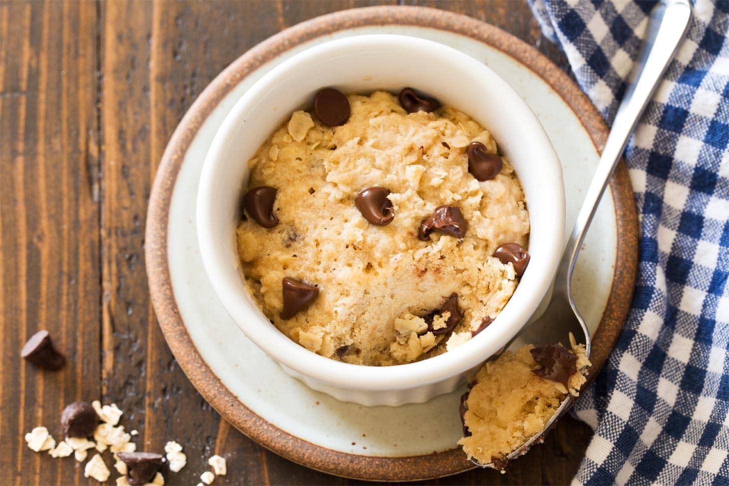 Oatmeal cookie for one in white ramekin