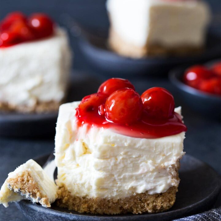 No Bake Cheesecake Bars with a bite taken with a fork
