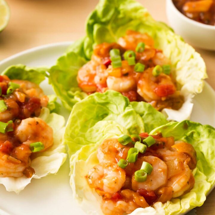 Shrimp Lettuce Wraps with salsa on a plate