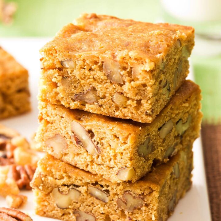 Close up of banana blondies stacked