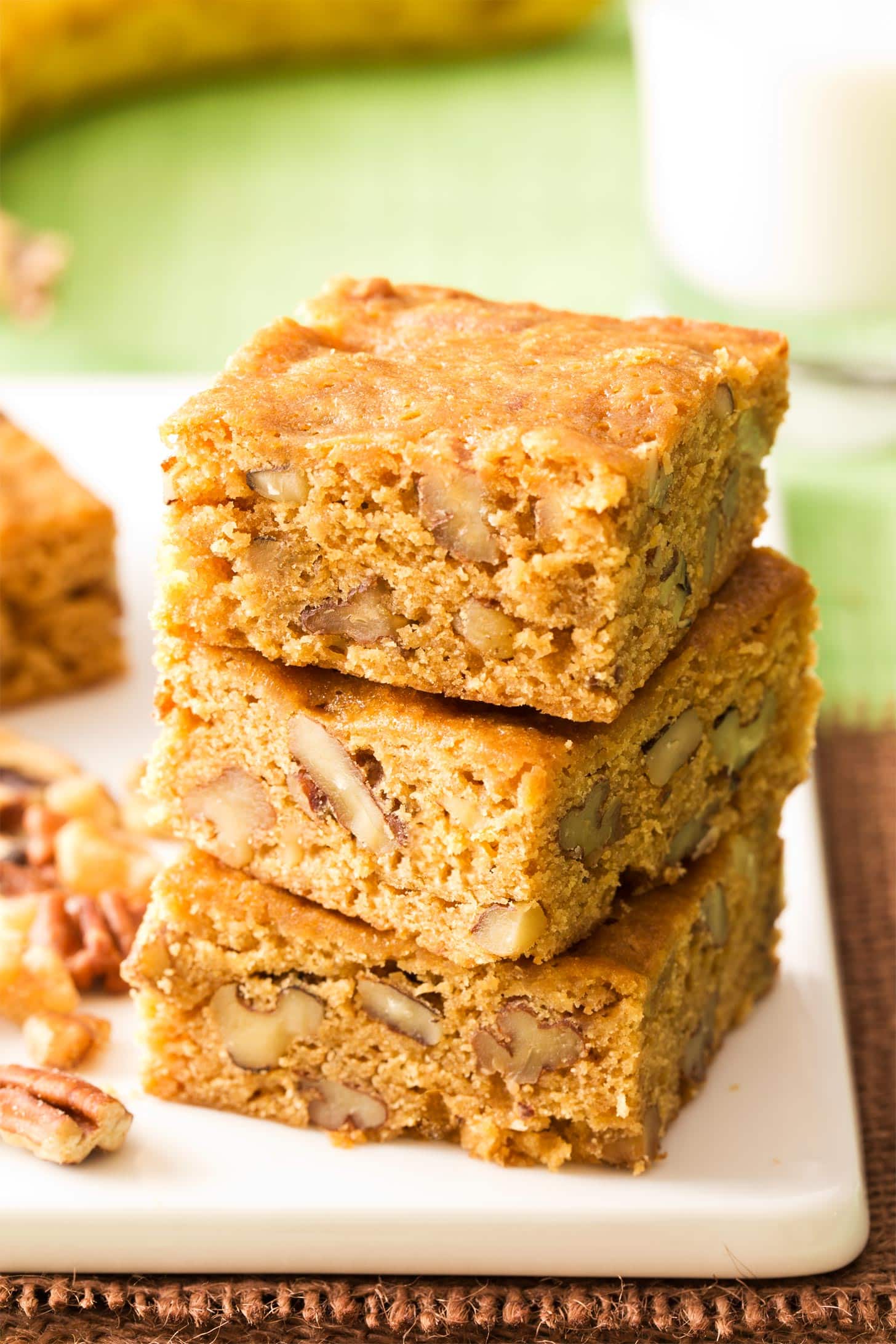 Close up of banana blondies stacked