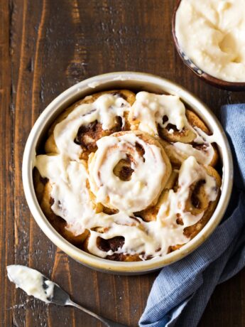 Small Batch Cinnamon Rolls frosted in a round pan