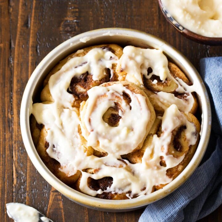 Small Batch Cinnamon Rolls frosted in a round pan