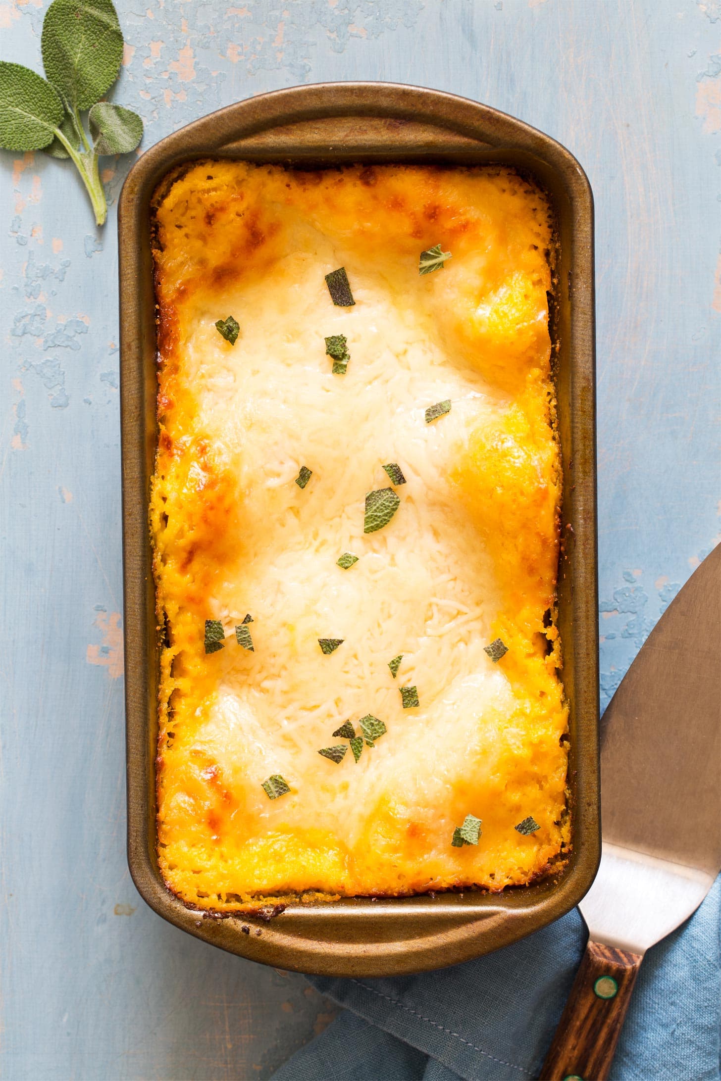 Thanksgiving lasagna in a loaf pan ready to be served