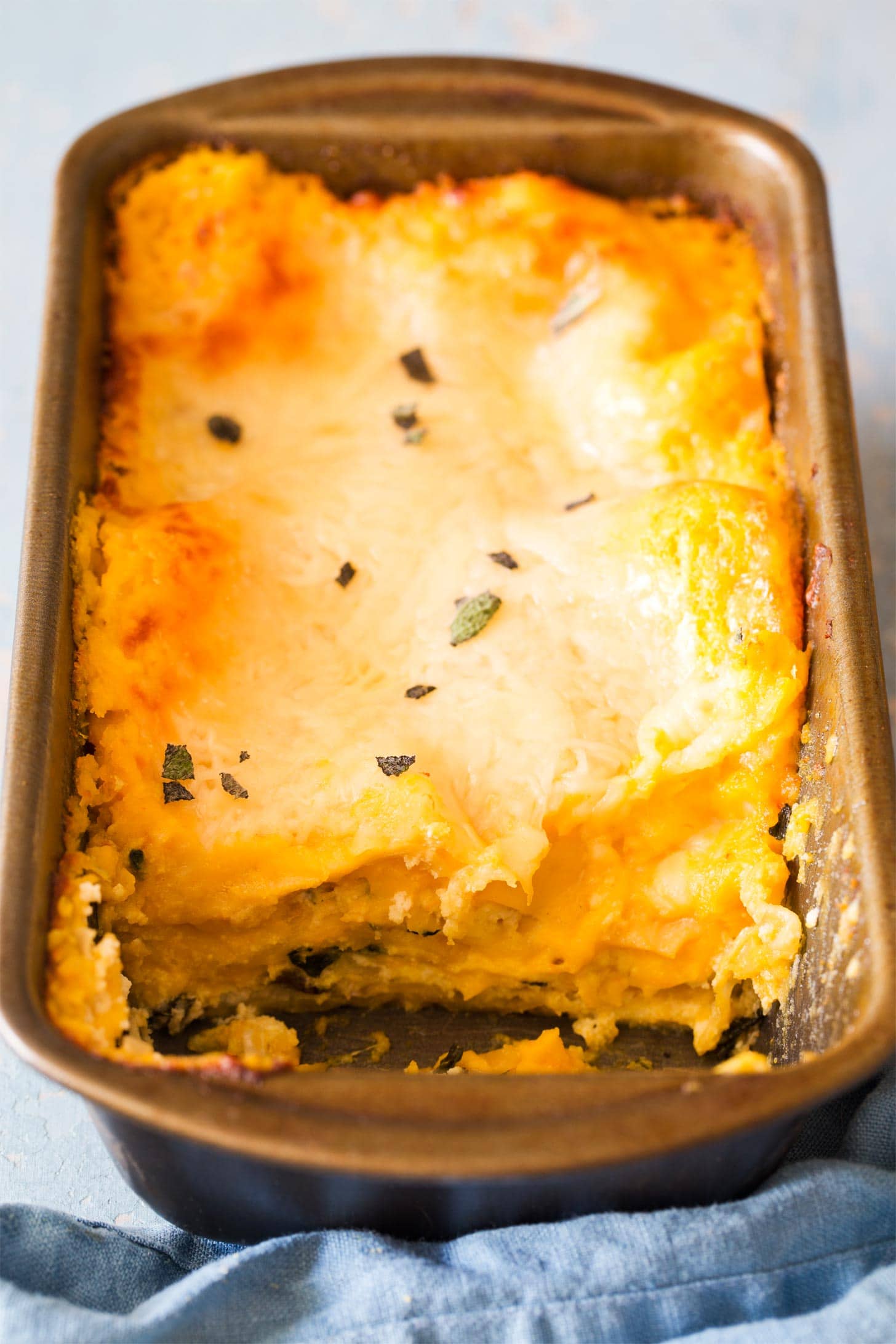 Close up of butternut squash and spinach lasagna 