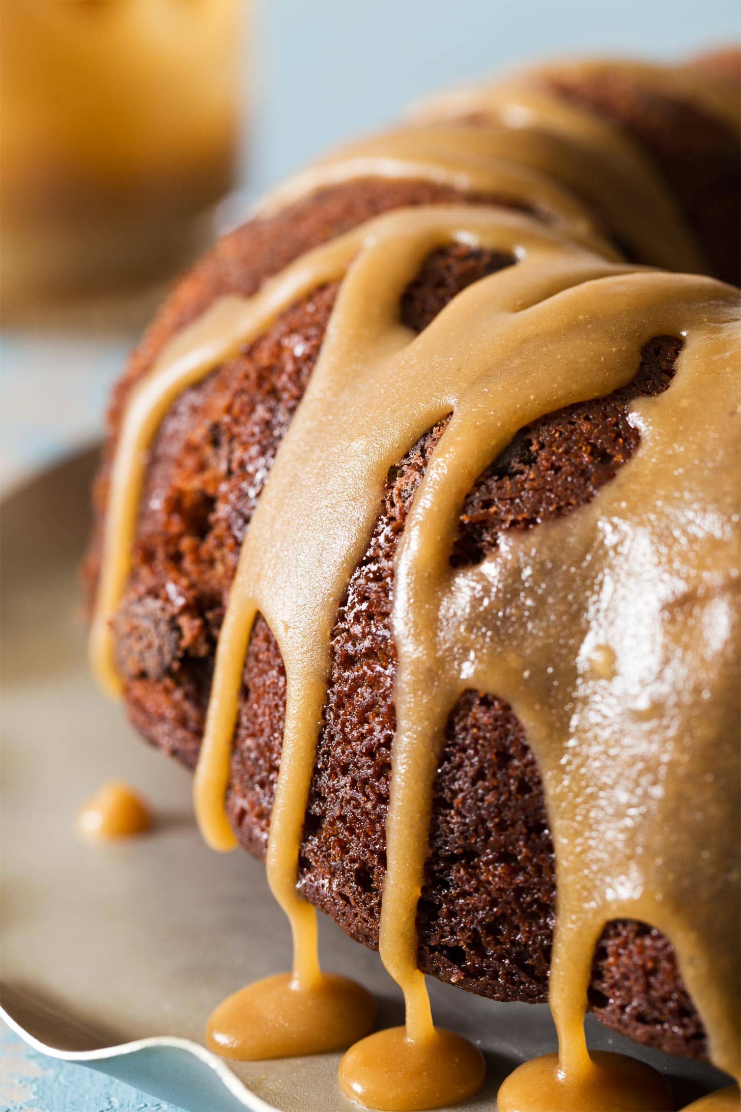 Close up of caramel icing on bundt cake
