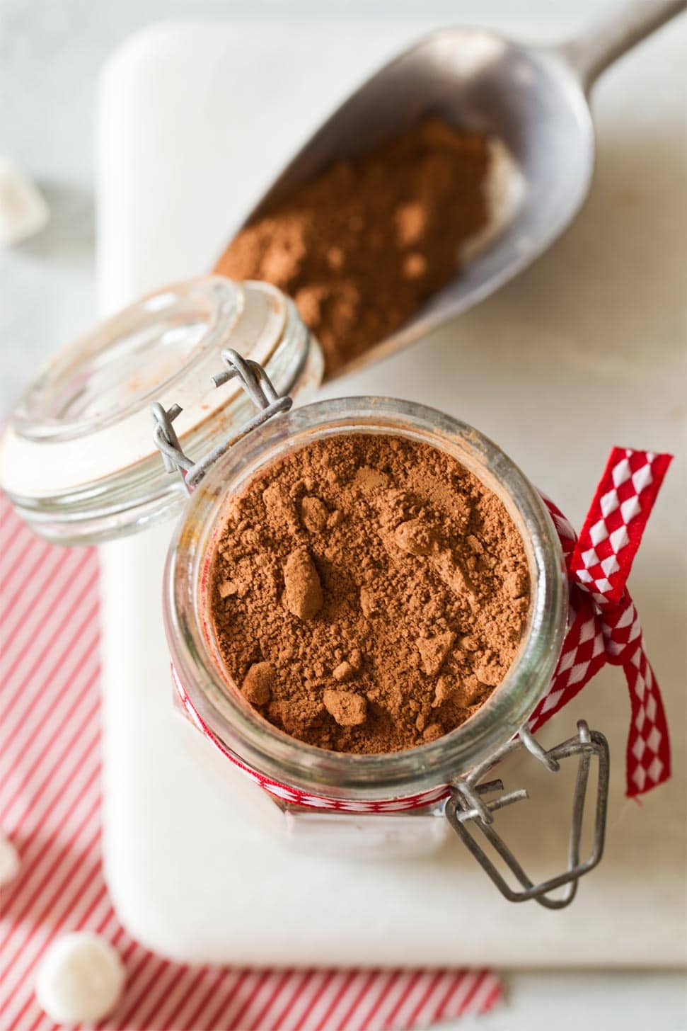 Overhead shot of hot cocoa mix in a jar