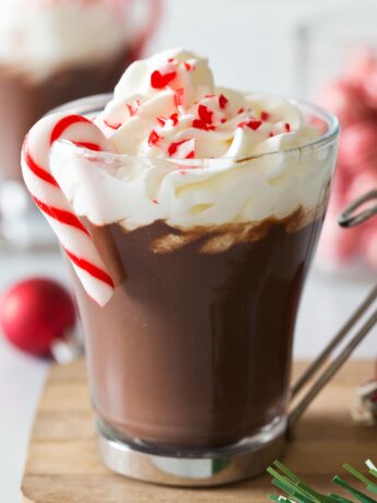 Close up of peppermint hot chocolate recipe in glass