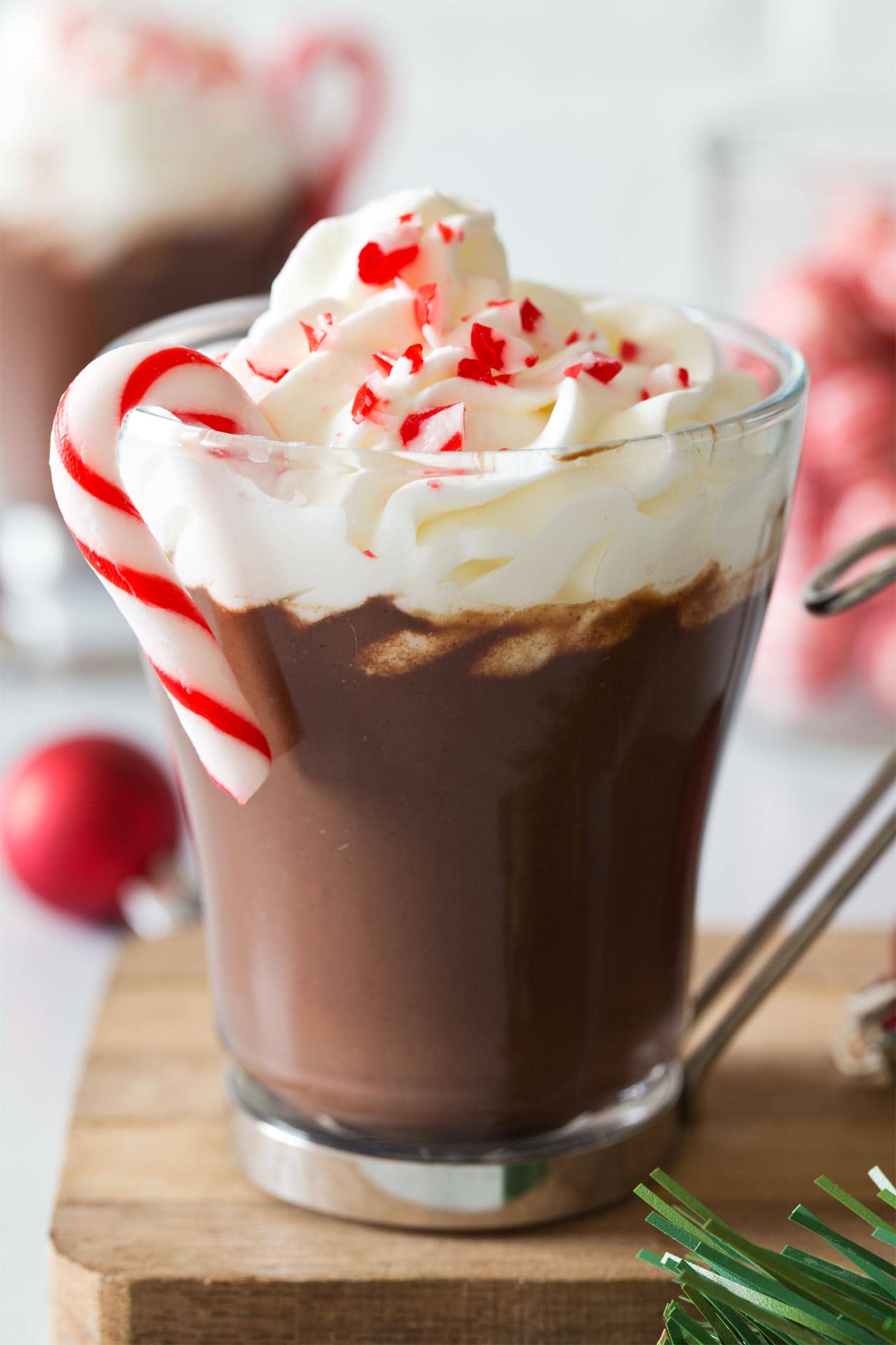 Close up of peppermint hot chocolate recipe in glass