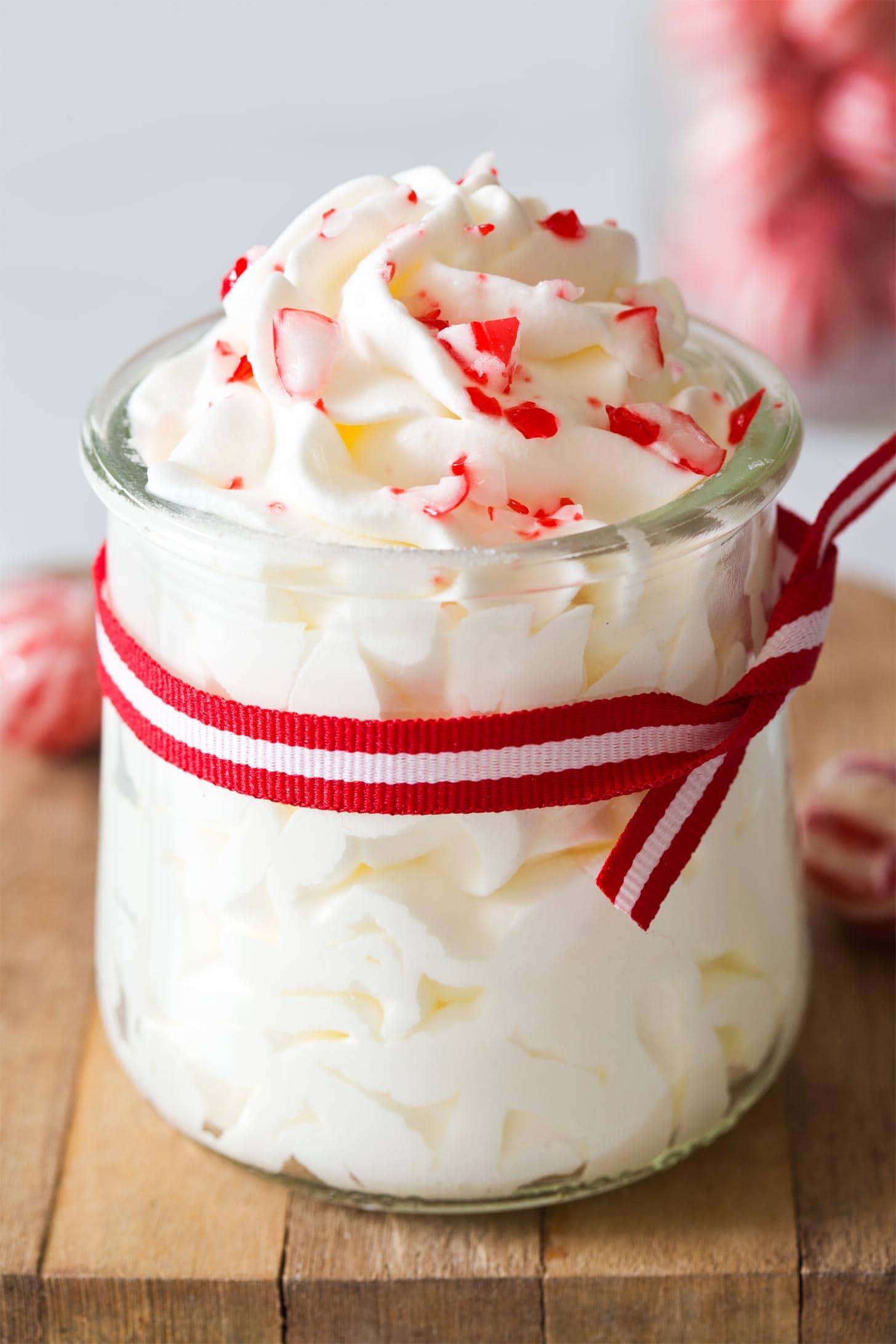 Close up of peppermint whipped cream in jar