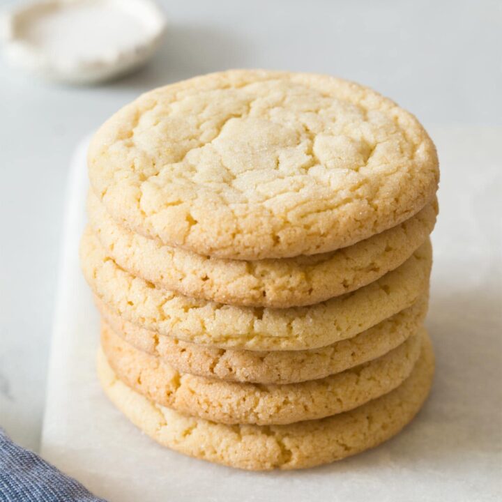 Pile of easy sugar cookie recipe on marble board