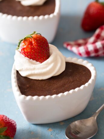 Homemade chocolate mousse in a heart ramekin
