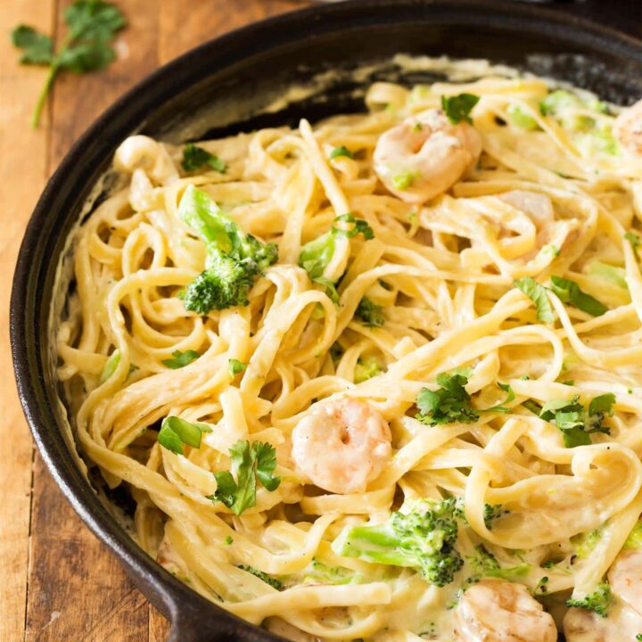 Shrimp Fettuccine Alfredo served from skillet