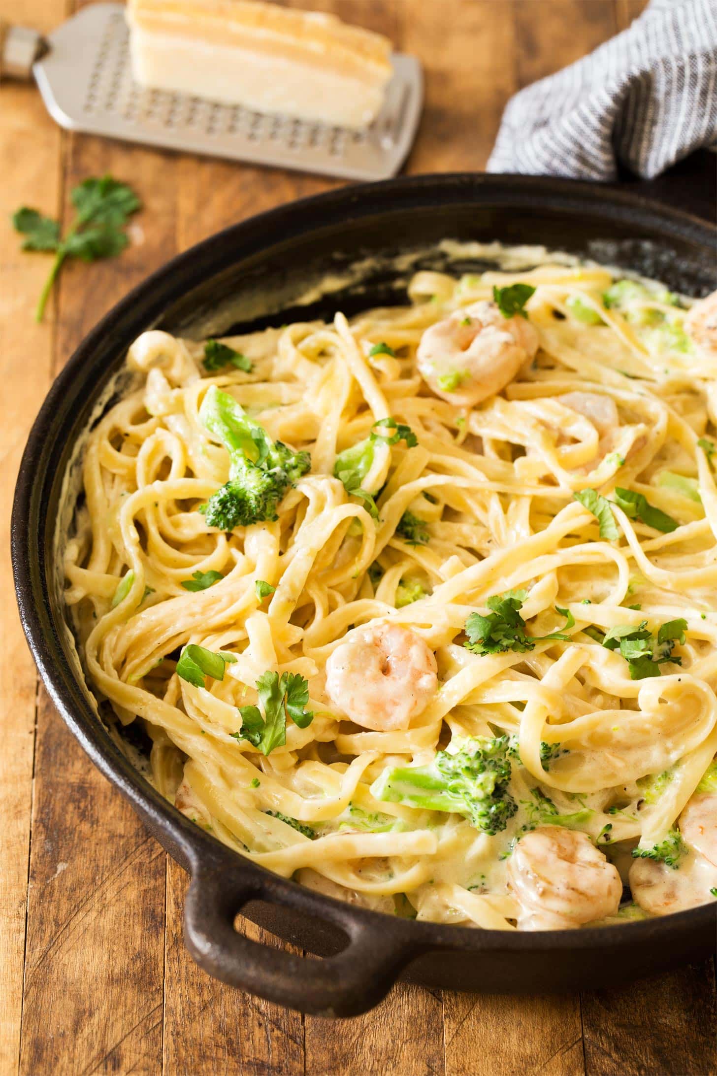 Shrimp Fettuccine Alfredo served from skillet