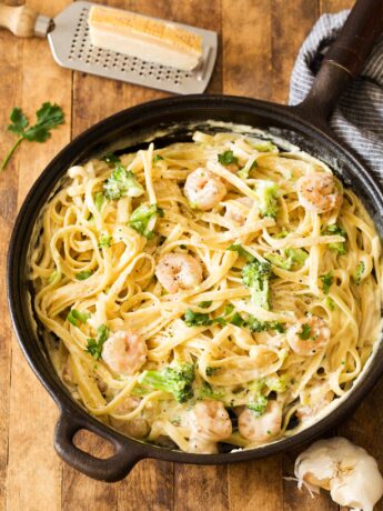 Shrimp Alfredo recipe made in cast iron skillet