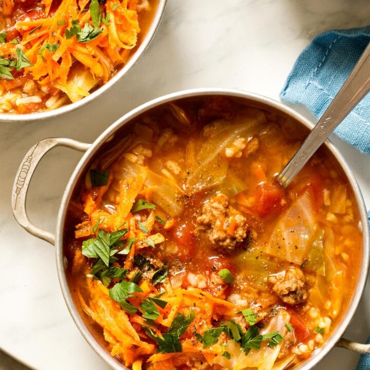 Close up of stuffed cabbage soup in a bowl