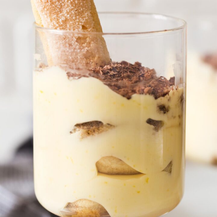 Close up of small batch tiramisu in serving glass