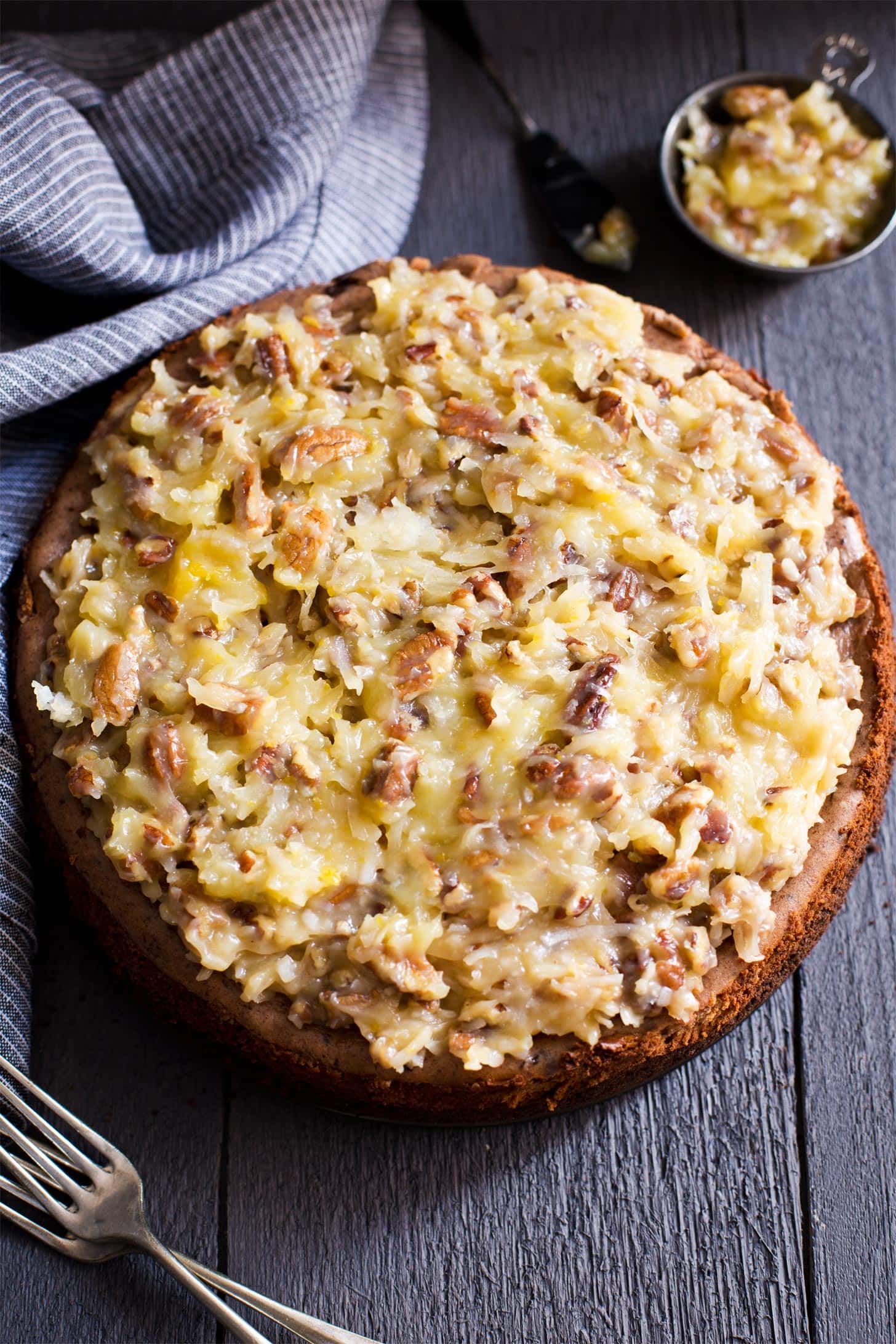 German chocolate cheesecake with coconut pecan filling