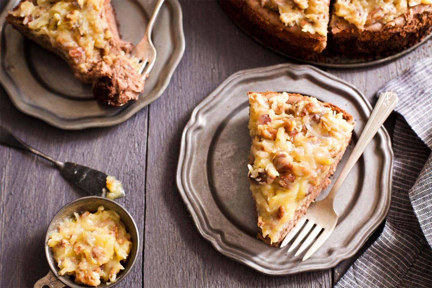 Slices of German chocolate cake cheesecake