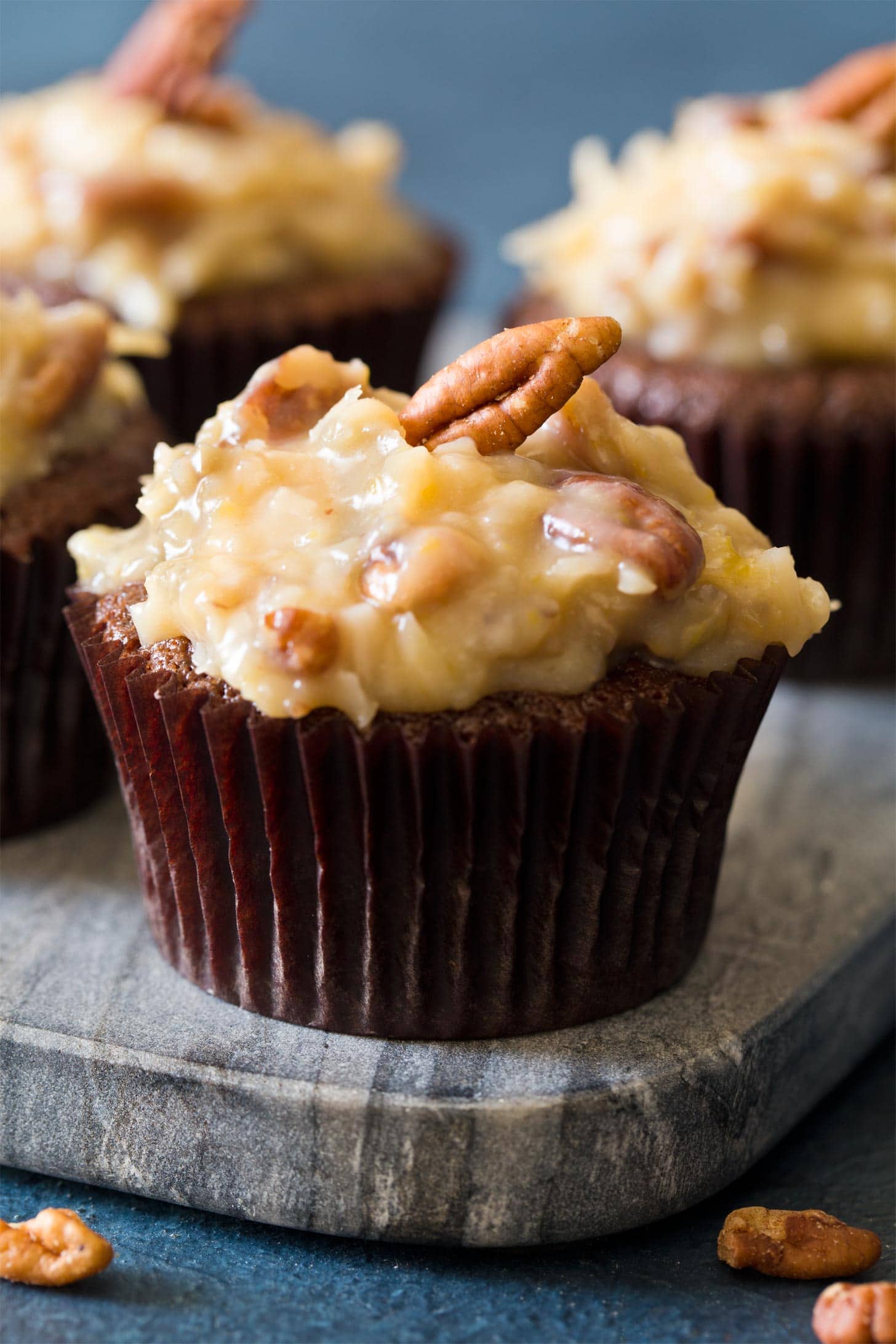 Close up of German chocolate cake cupcake