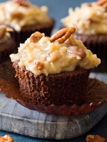 Close up of unwrapped German chocolate cupcake