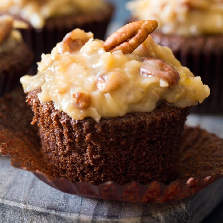 Close up of unwrapped German chocolate cupcake