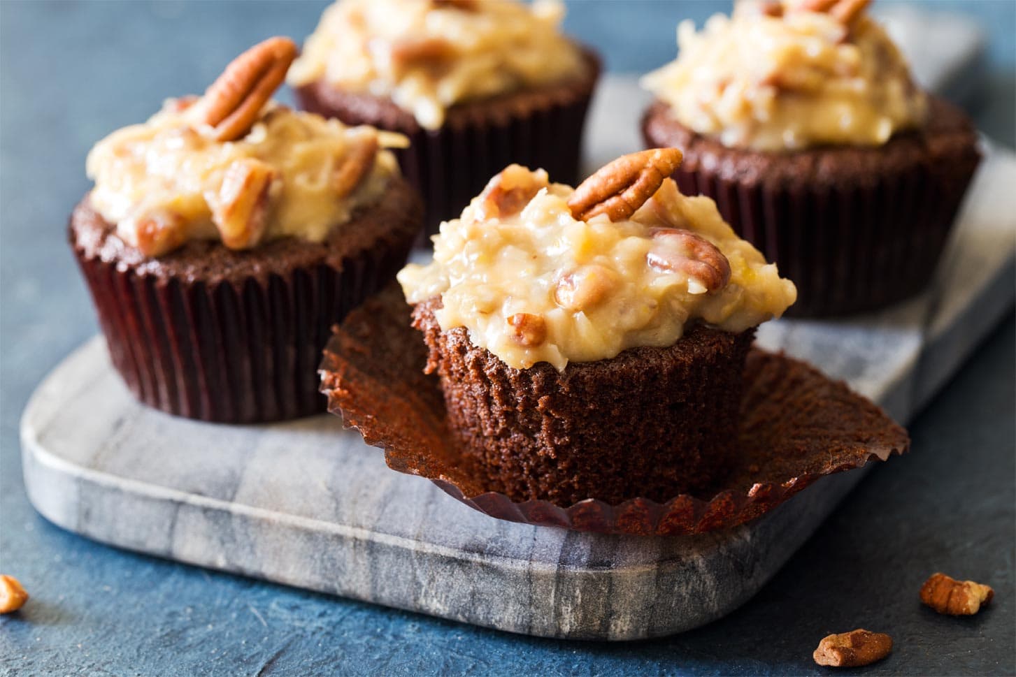 German chocolate cupcakes on serving board
