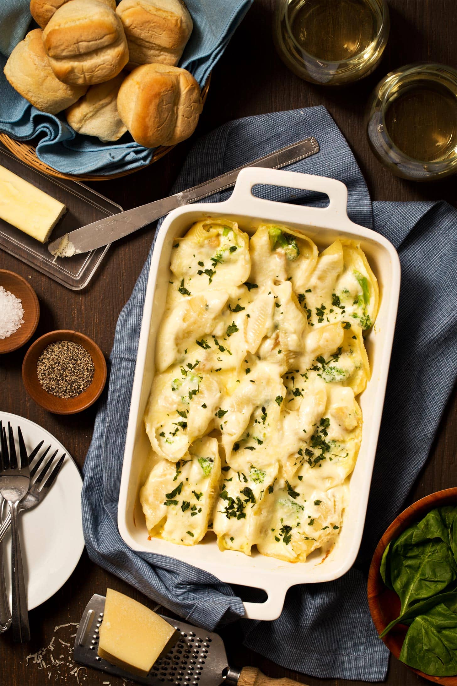 Chicken Alfredo Stuffed Shells recipe served in small casserole dish