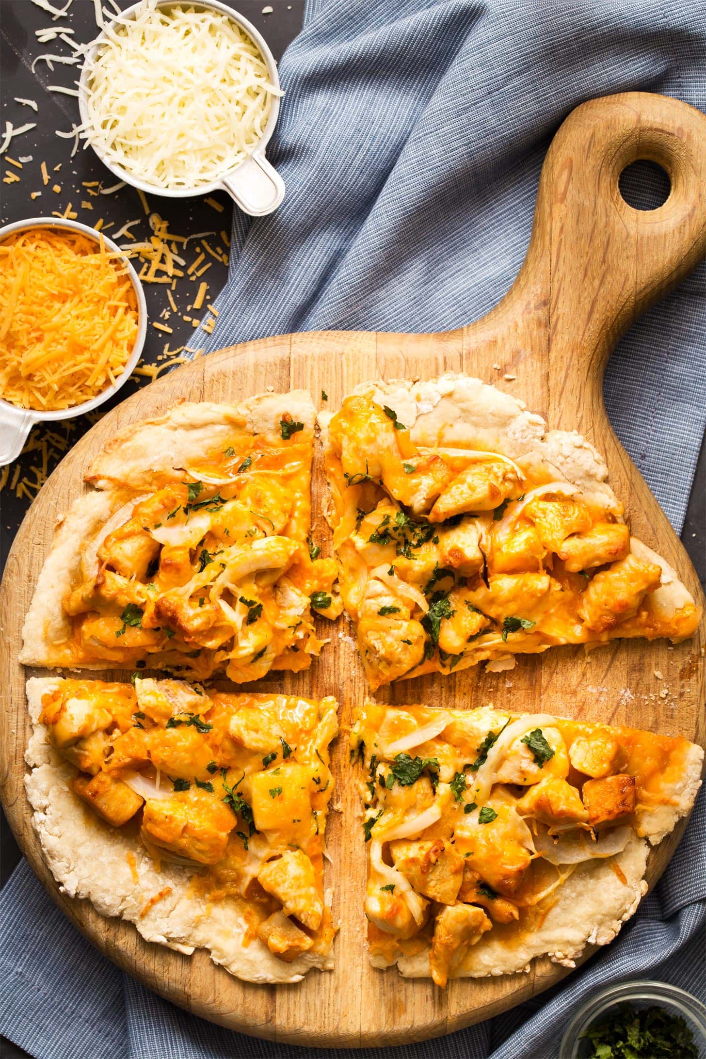 Buffalo Chicken Pizza made with thin crispy no yeast pizza dough