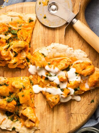 Close up of no yeast pizza dough for buffalo chicken pizza