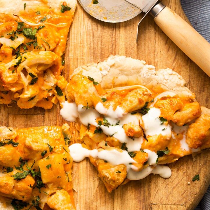 Close up of no yeast pizza dough for buffalo chicken pizza