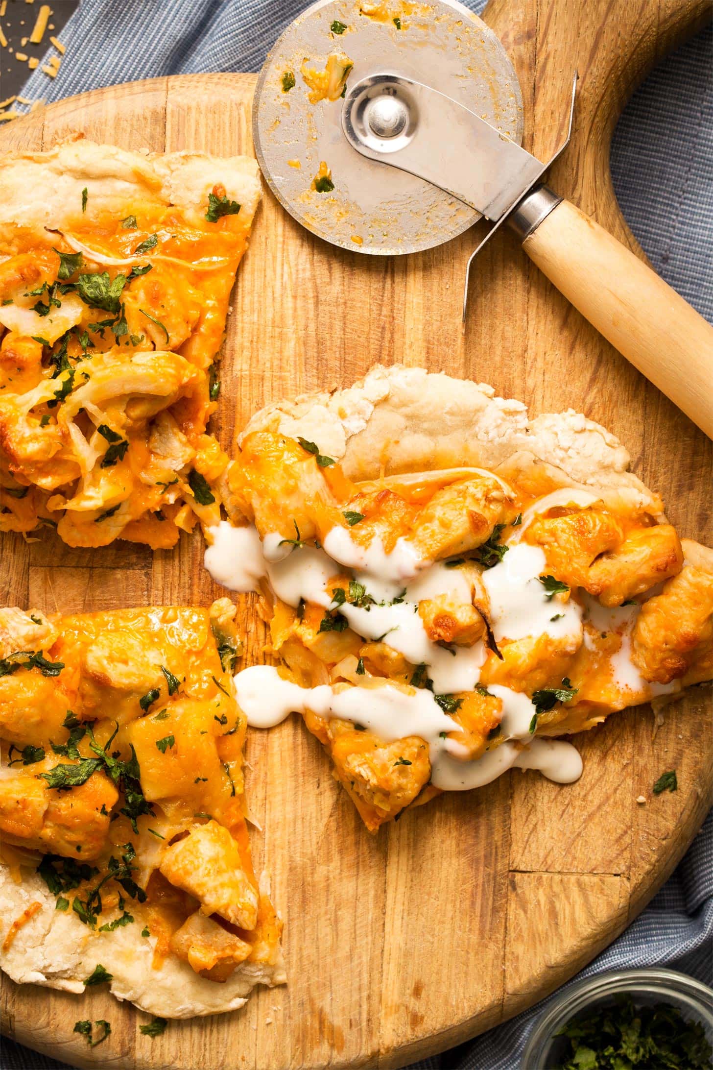Close up of no yeast pizza dough for buffalo chicken pizza