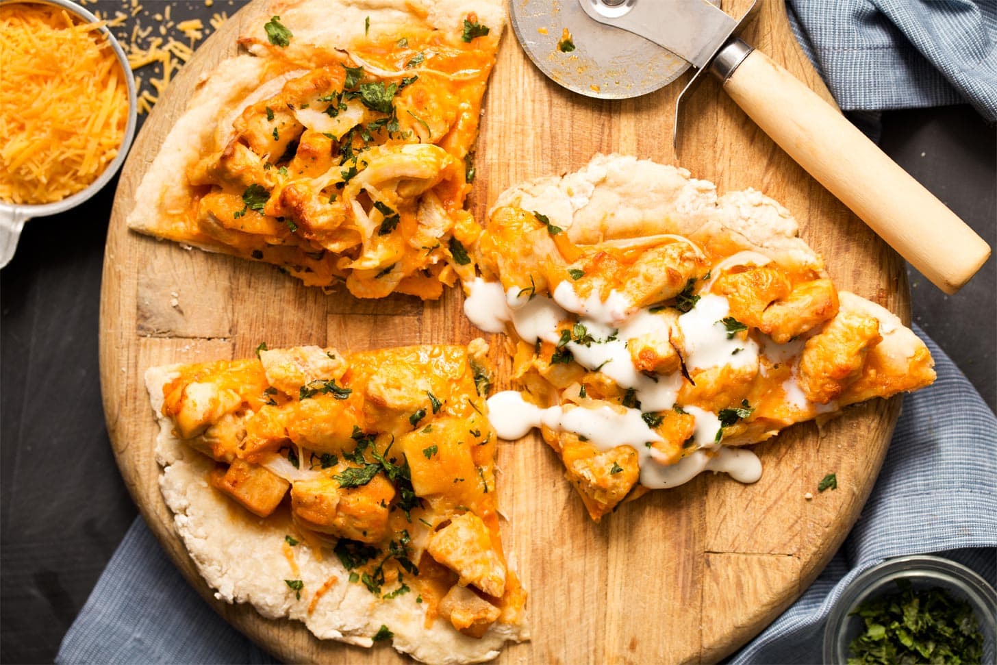 Homemade pizza dough without yeast used for buffalo chicken pizza