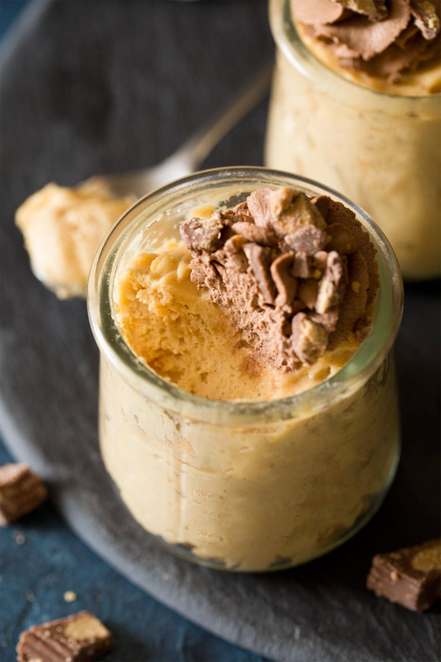 Peanut butter mousse served with chocolate whipped cream
