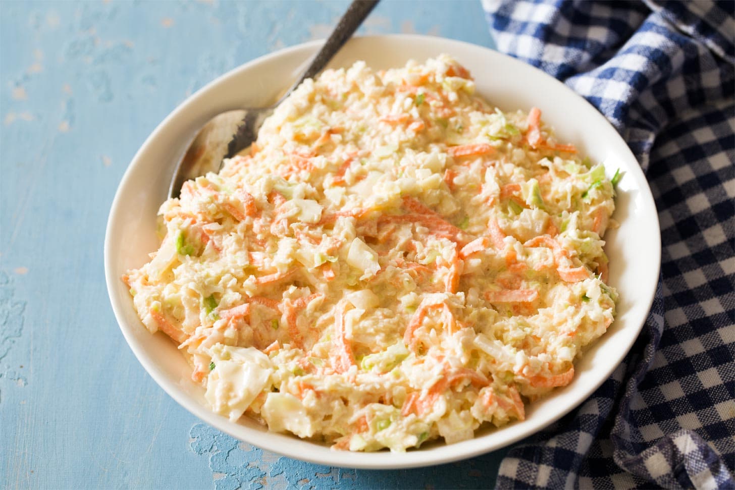 Small batch coleslaw in white bowl