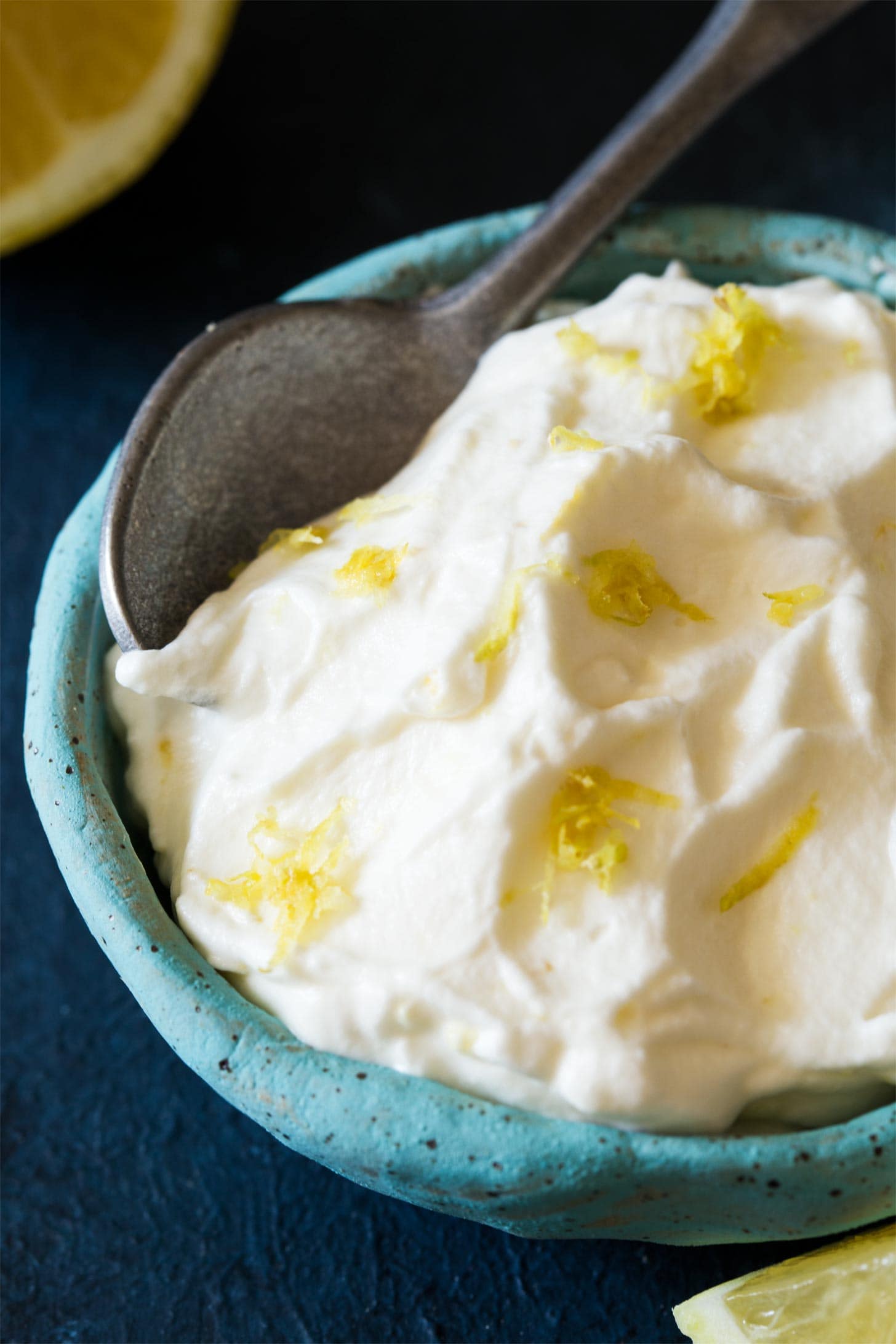 Close up of lemon whipped cream in bowl