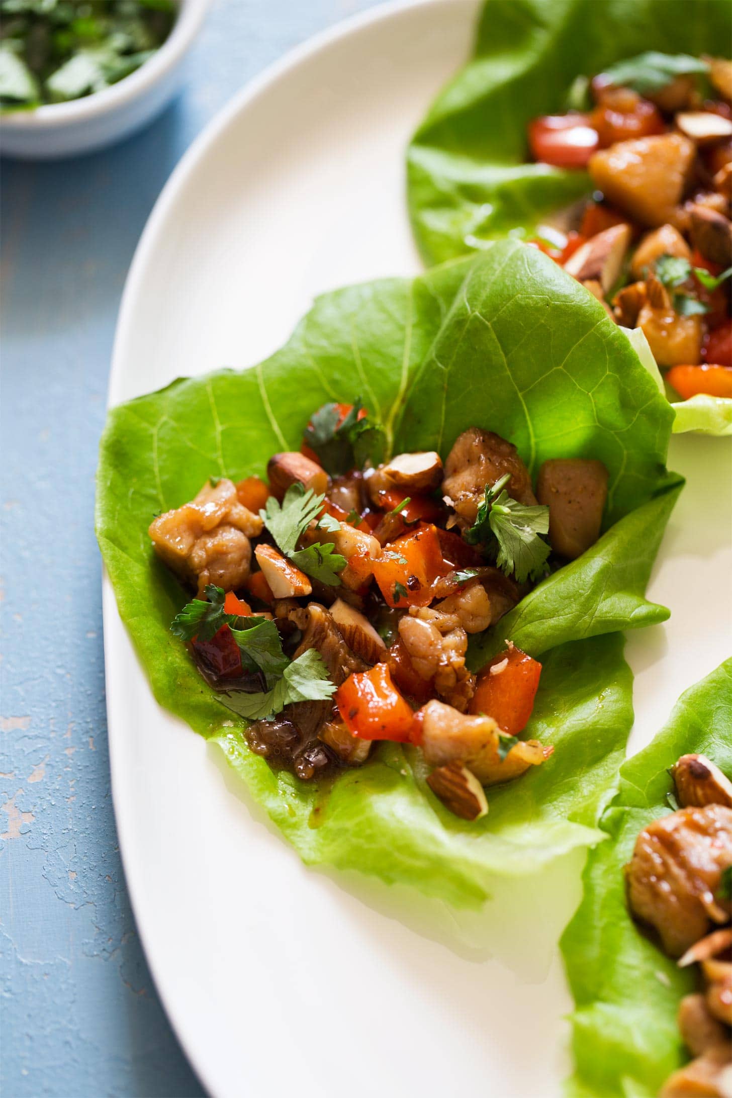 Close up Asian chicken lettuce wraps