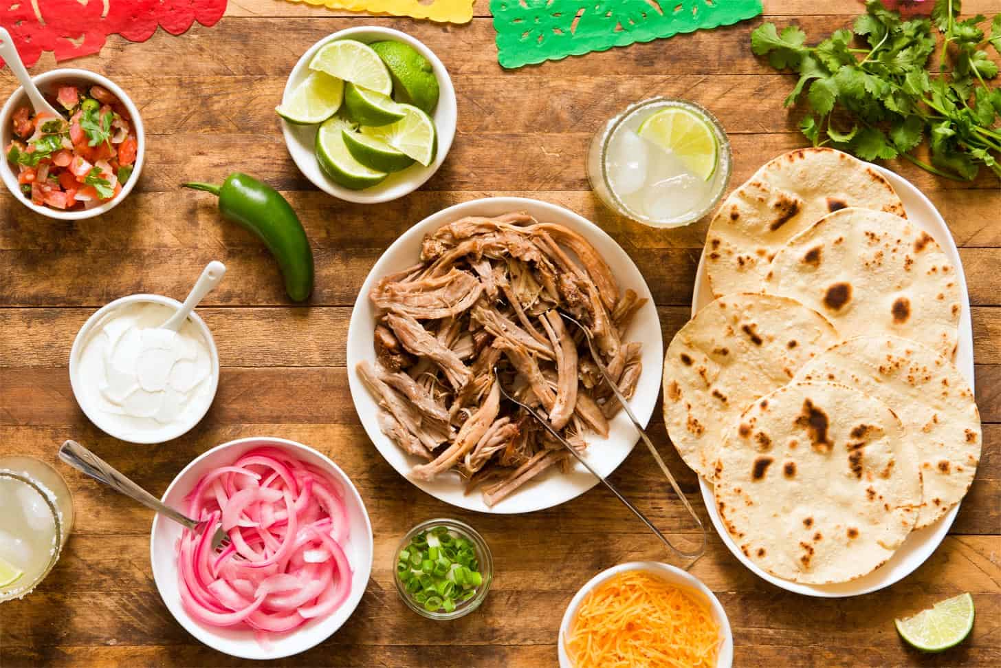 Pork carnitas all set up for a taco bar